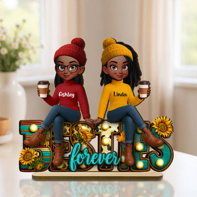 Western Fall Vibe Besties Sitting Personalized Standing Wooden Plaque, Fall Gift for Best Friends