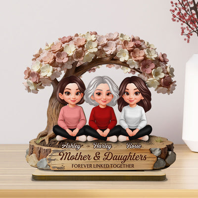 Mom And Daughter Son Under Blossom Tree - Personalized 2-Layered Wooden Plaque - Gift For Mom