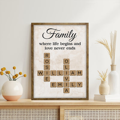 Family Where Life Begins and Love Never Ends Crossword - Personalised Poster - Sentimental Gift for Loved Ones