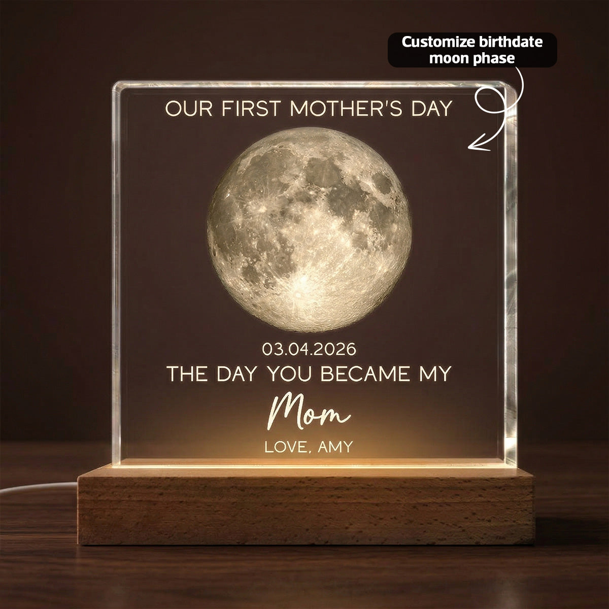 The Day You Became My Mom Custom Moon Phase First Mother's Day - Personalized Acrylic Block Plaque LED Night Light - First Mother's Day Gift For New Mom