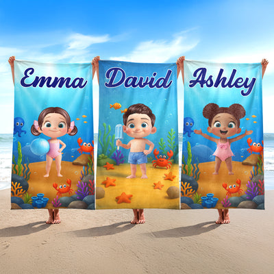 Personalized Cute Cartoon Kids Ocean Beach Towel, Fun Beach Designs, Gift For Girls Or Boys