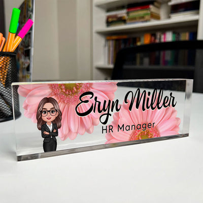 Daisy Flowers Woman Man Office - Personalized Acrylic Desk Name Plate - Gift For Colleagues, Coworkers, Boss